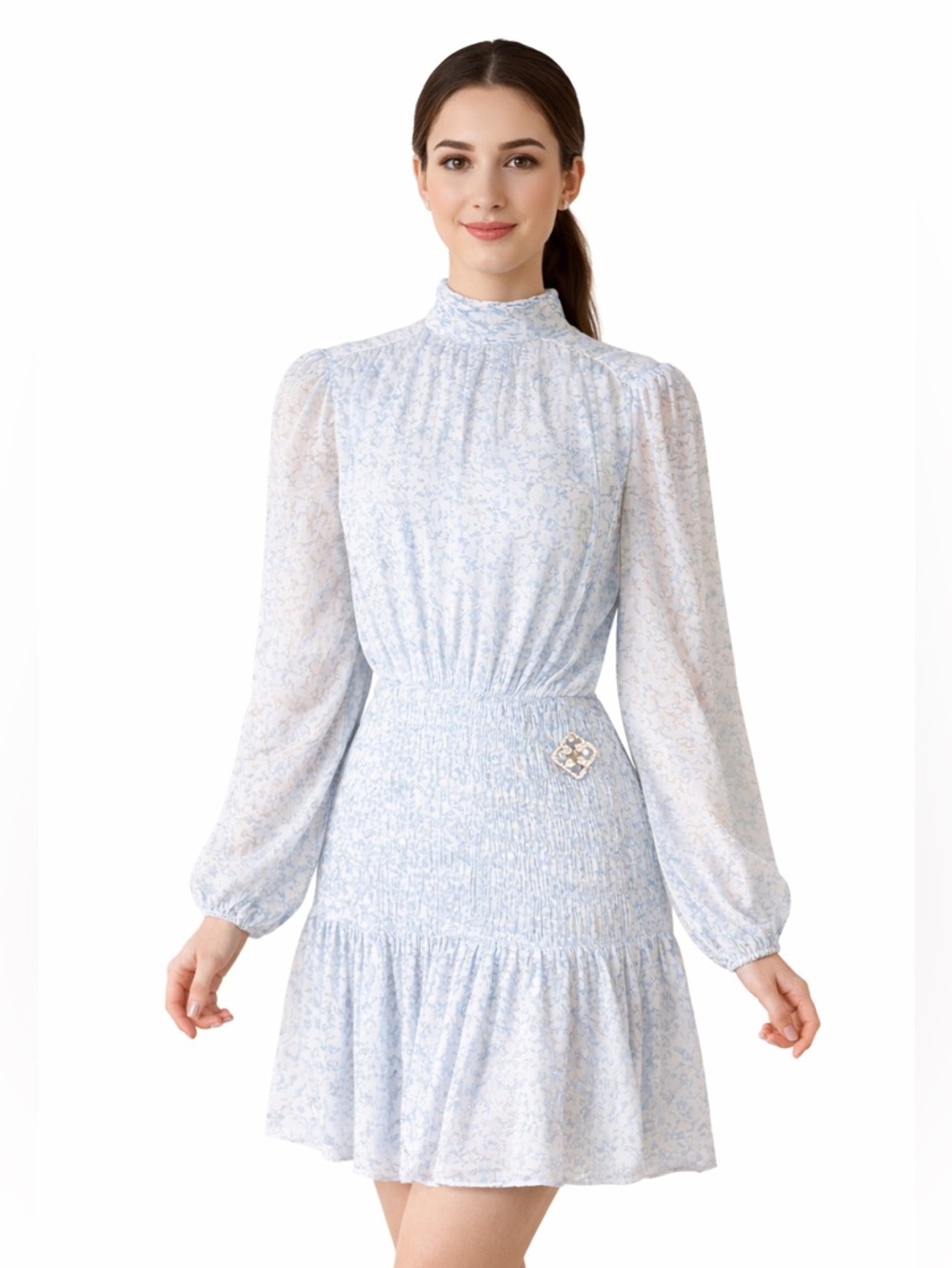 House of Harlow 1960 Light Blue Smocked Mini Dress L NWT Romantic Boho Ruffle